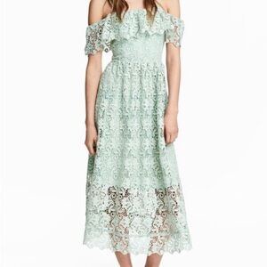H&M green ruffle lace off the shoulder maxi dress Size 14 Cottagecore Milkmaid